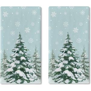Winter Pine Tree Blue Kitchen Dish Towel, Snowy Snowflake Farmhouse Drying Hand Towel Baking Cooking Cloth, Christmas Seasonal Home Decoration 18 x 26 Inches
