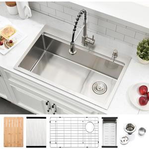 30 Inch Drop In Kitchen Sink Workstation - SZBAQTM 30x19-Inch Top Mount Sink Stainless Steel Single Bowl 10'' Deep Handmade Drop In sink with Cutting Board& Strainer, 30"X19"X10"