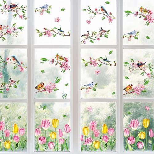 FYSUIMU 9 Sheets Spring Tulip Window Cling Sticker Pink Flower Bird Reusable Window Decals for Party Home Office Classroom Shop Windows Decor, 12 Packs