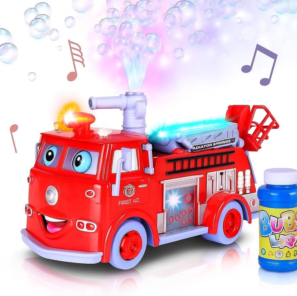 ArtCreativity Fire Truck Toy Bubble Machine for Kids, Bubble Blower Toy Truck for Toddlers with Lights, Siren Effects, Bubble Solution & Funnel, Kids Toys, Gift for Boys and Girls 5+