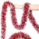 50 Feet Red Christmas Tinsel Garland for Christmas Tree Decorations, Xmas Metallic Twist Shiny Hanging Garland Decor for Mantle Stairs Fireplace Home Holiday Indoor Outdoor