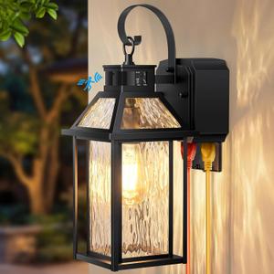 Lotsky 14" Porch Lights with GFCI Outlet, Motion Sensor Outside Sconces, Dusk to Dawn Exterior Lighting Fixtures with Water Glass,Anti-Rust Aluminum Waterproof Black Wall Light for House Garage