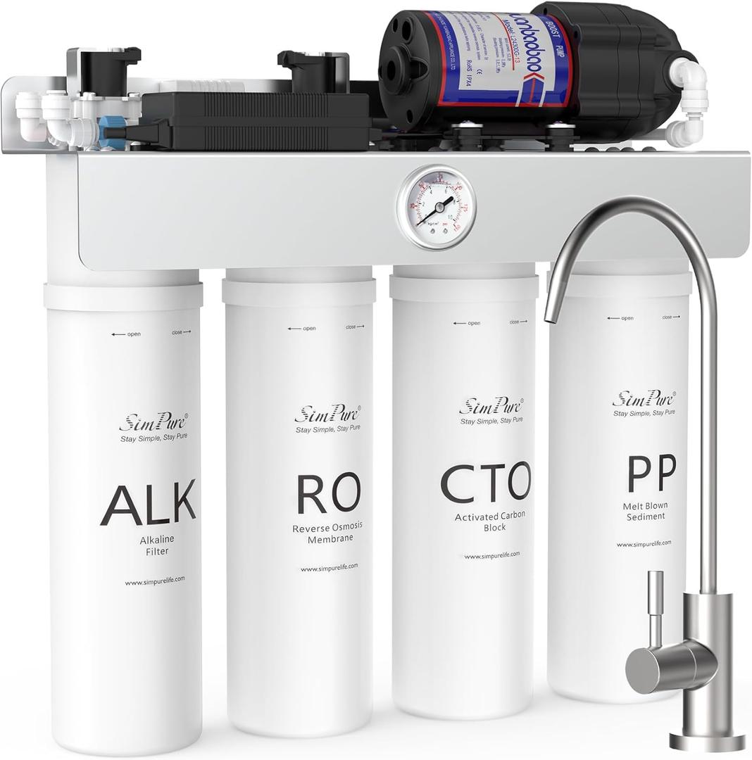 SimPure T1-400ALK Alkaline UV Reverse Osmosis System, NSF/ANSI 58 Certified, Tankless RO Water Filter System 400 GPD, pH+ Remineralization Water Filtration Under Sink, BPA Free, Built-in Pump