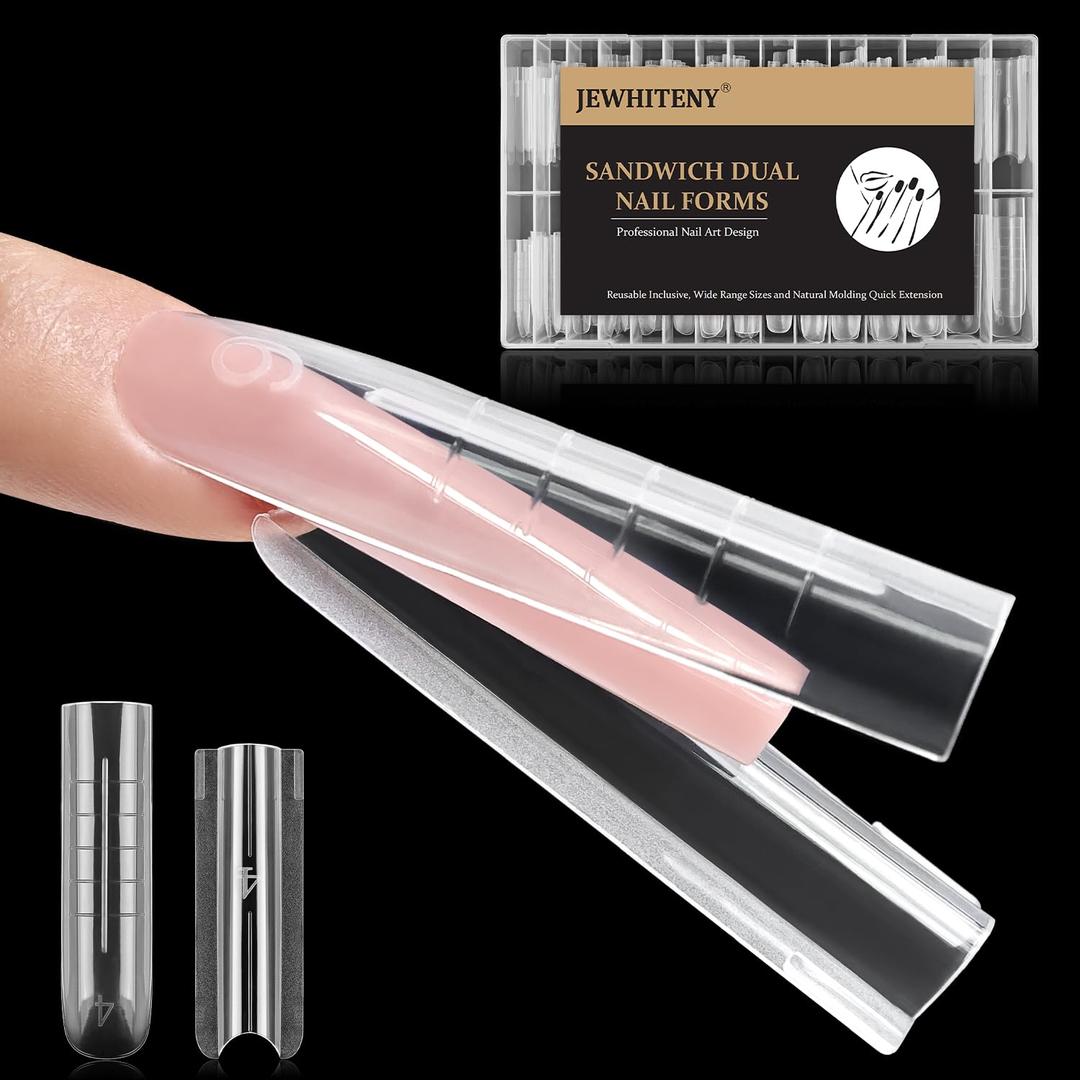 JEWHITENY 140 PCS Sandwich Nails Dual Forms: Long Square Reusable Nail Forms with Guide Lines,14 Sizes Nail Mold for Nails Extension, Salon & Home DIY Nail Art Tools