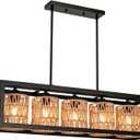 Boho Island Light Fixture, 5-Light Rattan Kitchen Chandelier, Farmhouse Woven Large Coastal Wicker Wood Bamboo Bohemian Rustic Rectangle Black Linear Pendant Lights Over Table for Kitchen Island, 31.5" x 7.9" x 7.9"