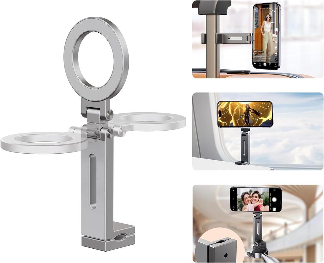 Magnetic Airplane Phone Mount, Ultra-Light Aluminum Alloy, 360° Adjustable, 1/4'' Tripod Mount for iPhone & All Phones, Plane Travel Essentials, Silver