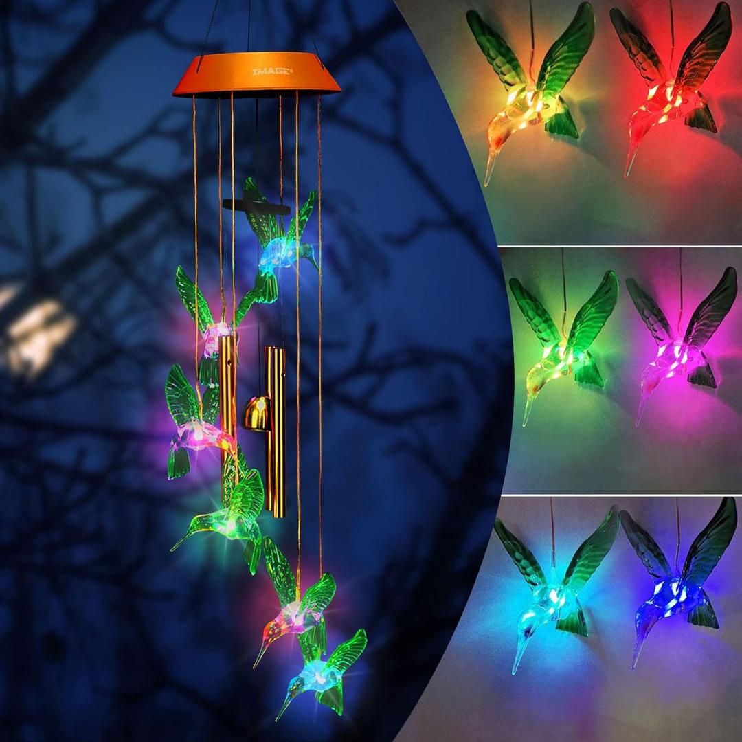 IMAGE Wind Chimes Solar Hummingbird Wind Chime with Metal Tubes Color Changing Lights Outdoor Solar Lights Hanging Decorative Garden Lights Xmas Gifts for Decor Home Garden Patio Yard Indoor Outdoor