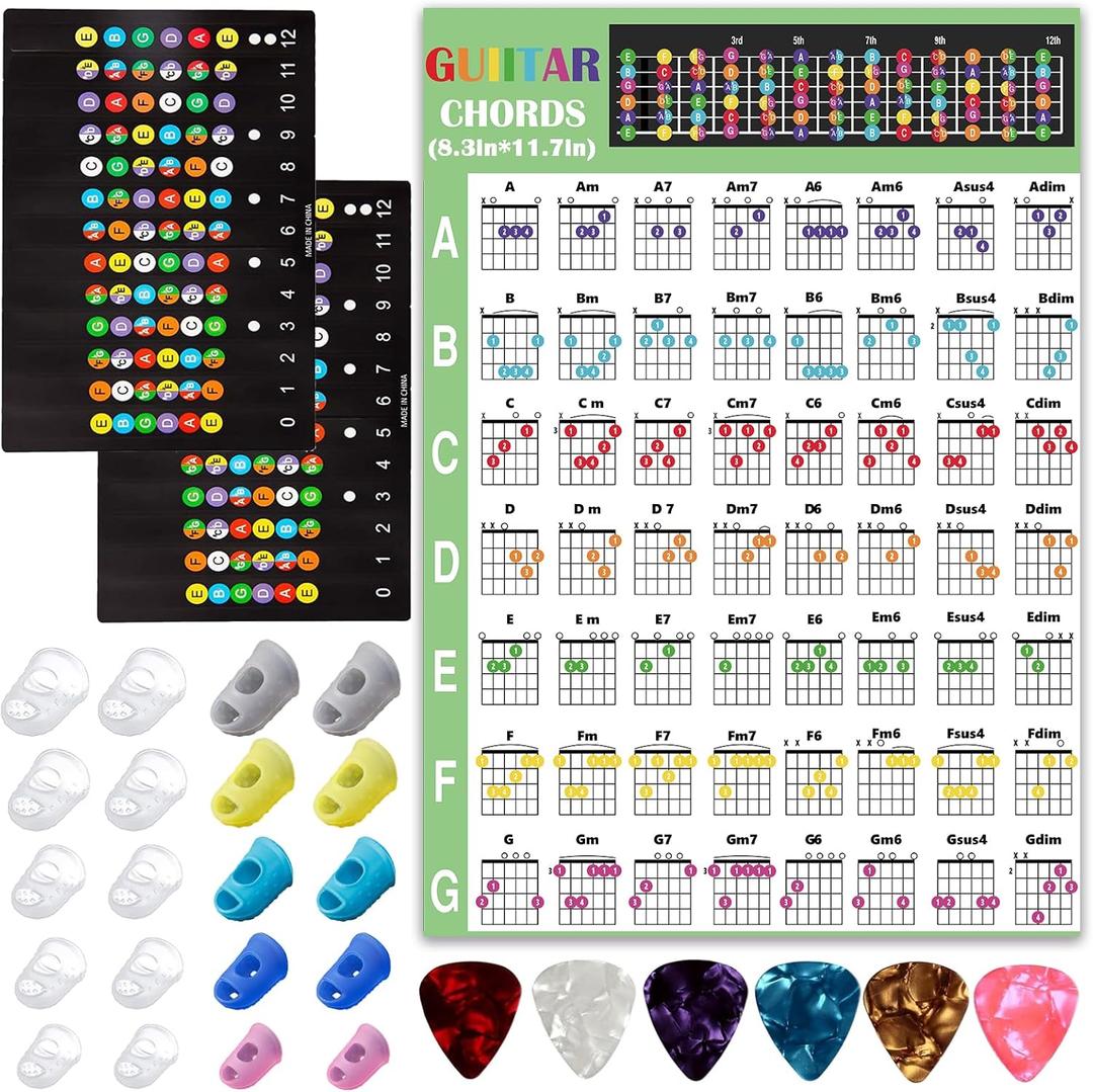 20 Pcs Guitar Fingertip Protectors Guitar Finger Guards Protection Guitar Silicone Covers Caps for Guitar Bass Ukulele with 2 Pcs Guitar Fretboard Stickers and Guitar Chord Chart