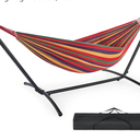 DUMOS Double Hammock with Space Saving Stand, Heavy Duty Steel Frame, Portable for Outside & Indoor Use, 450lbs Capacity, Easy Assembly, Carrying Bag Included, Red