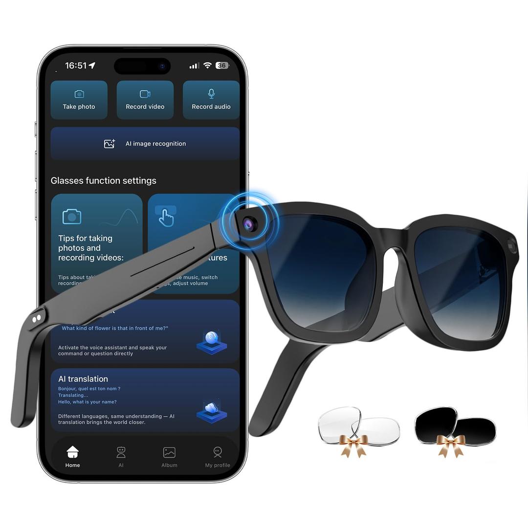 Oucscru AI Smart Glasses with ChatGPT, 8MP Camera Glasses with Camera and Audio, AI Translation Sunglasses with 164 Languages, Bluetooth Sunglasses with Voice/Calling, 8-Hour Music, Photochromic Lens