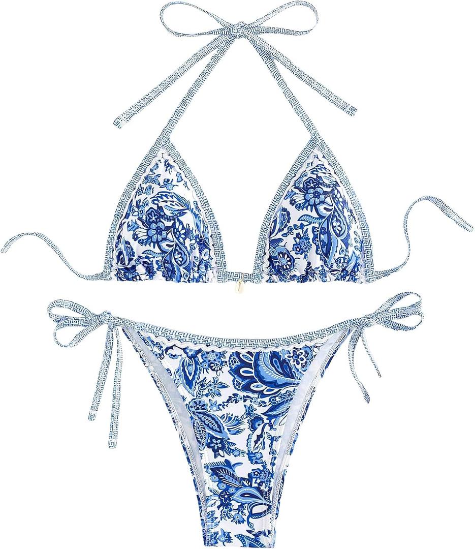 WIDIRARA Women's 2 Piece Boho Swimsuits Floral Print Halter String Triangle Bikini Set Beach Bathing Suit (Blue), Size 3XL