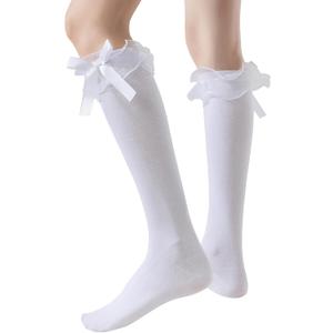 SEMOHOLLI Women Girl's Fashion Knee High Socks With Bow Lace Ruffle Trim Cute Cotton Socks (5-8, 2 Pairs-white)