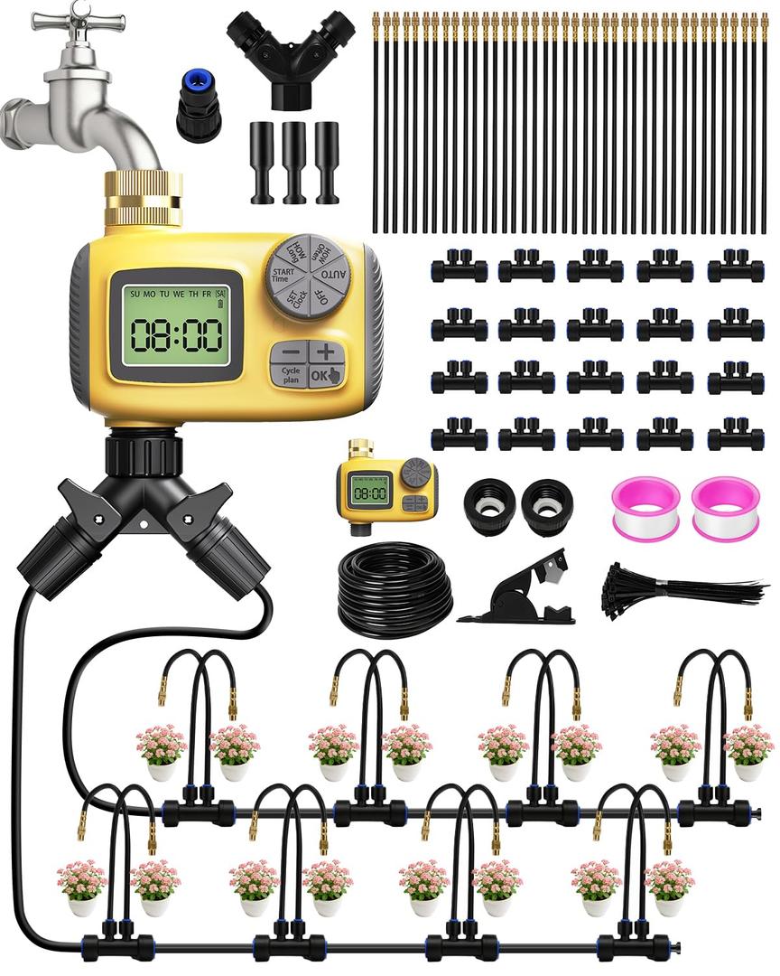 66FT Drip Irrigation System with Timer, Automatic Watering System Kit with Solid Brass Metal Connectors, 360 DualOutlet Adjustable Nozzles for Garden, Yard, Lawn, Greenhouse & Potted Plants