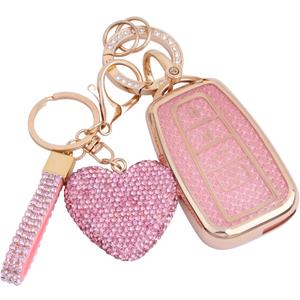 for Toyota key fob cover with Diamond Bling Keychain, Car Accessories Key holder Shell Full Protection for 2018-2024 Highlander RAV4 Camry Avalon C-HR Corolla GT86,Gold Pink