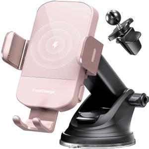 CHGeek Wireless Car Charger, 15W Fast Charging Auto Clamping Car Charger Phone Mount Phone Holder fit for iPhone 15 14 13 12 11 Pro Max Xs, Samsung Galaxy S25 Ultra S24 S23 S22, S21, S20, Pink