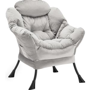 Lazy Chair Thick Padded, Comfy Velvet Accent Lounge Chair with Stable Frame, Leisure Sofa Armchair with Armrests and Side Pocket, Reading Chair for Bedroom, Living Room, Office, Light Gray
