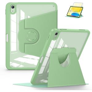 Soke Rotating Case for iPad (A16) 11th Generation 2025, iPad 10th Gen 2022 with Pencil Holder, [Shockproof + Auto Sleep/Wake] 360 Degree Rotation Clear Back for iPad 11"/10.9" - Matcha Green | Built-in Apple Pencil Slot, fit iPad 2025 and 2022, Auto Sleep/Wake, Transparent PC Back