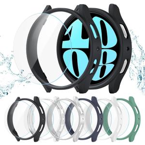 6+6 Pack for for Samsung Galaxy Watch 6 44mm Screen Protector Case, Hard PC Bumper + HD Anti-Fog Tempered Glass Protective Film, Face Cover Set for Galaxy Watch 6 44mm Accessories (Black+Clear+Silver+Darkblue+White+Green)