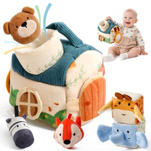 let's make Baby Toys 6-12 Months First Forest Animal Set Soft Barn playset with 5 Stuffed Woodland Animals, Rattle Crinkle Mirror Sensory Montessori Travel Toy Gift for Babies Boy Girl Toddlers 1-3