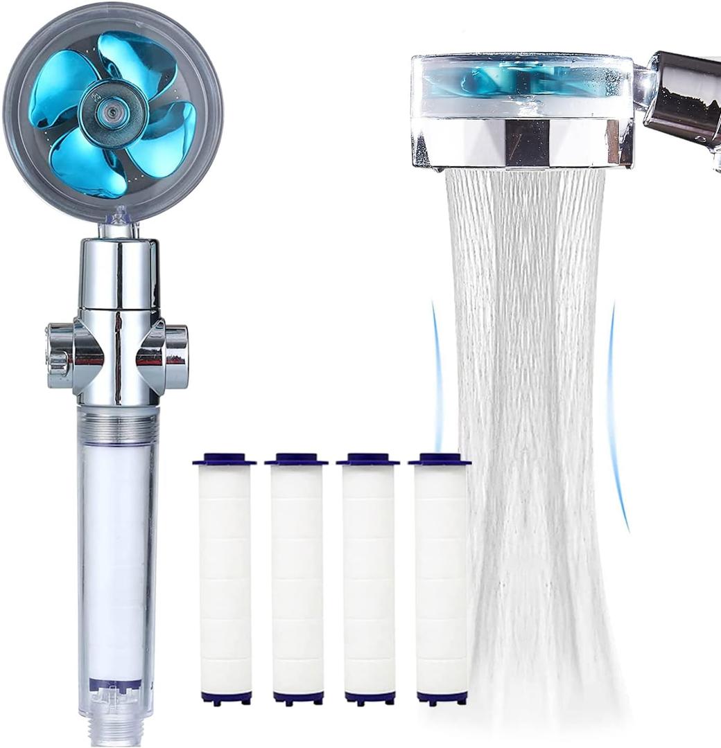 ANTOWER High Pressure Handheld Showerhead with filters Vortex shower head hydro jet shower head Turbo ShowerHead Propeller 360 Degrees Rotating Easy Install (I-Blue)
