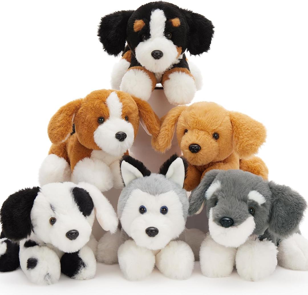 Tezituor 6 Pcs Bulk Stuffed Animals, 11" Fluffy Assorted Stuffed Puppy Plush Toys for Kids, Dog Doll Set for Dog Themed Party Favors Gift (Lying)