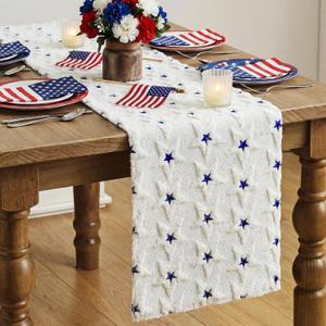 Mindsoft 4th of July Faux Fur Table Runner 13x72 Inch Patriotic Blue Stars Memorial Day Table Runner Independence Day American Star Jacquard 250th Anniversary for Party Dinning Kitchen Decorations