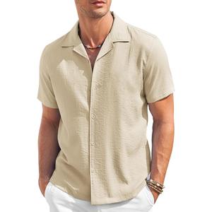 COOFANDY Men's Casual Button Down Shirt Short Sleeve Textured Summer Cuban Beach Shirts, Medium