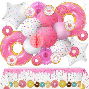 24 Pcs Donut Birthday Party Decorations - Theme Table Cover, 8 Paper Lanterns, Honeycomb Ball, 2 Paper Fans, 10 Hanging Swirls, 4 Balloons Garland for Baby Shower