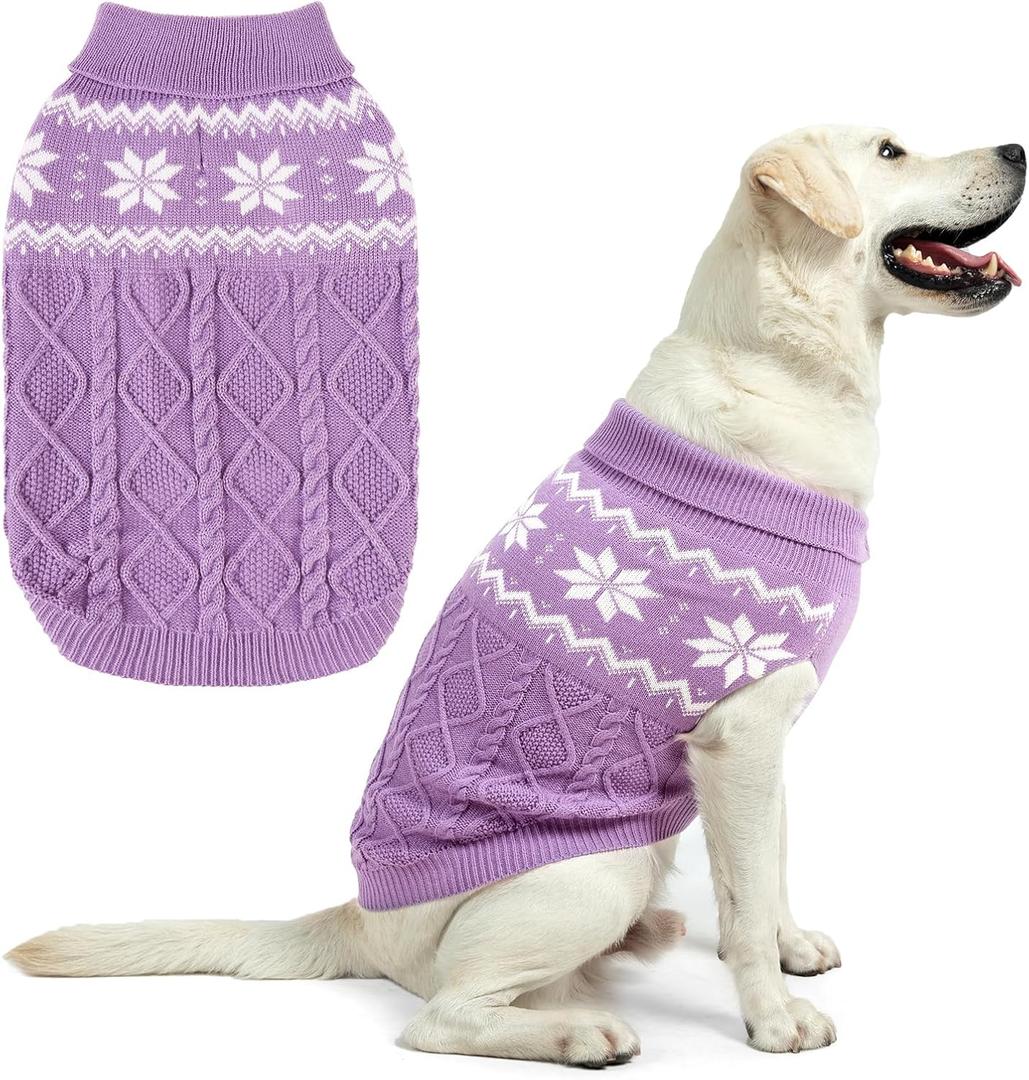 Warm Winter Dog Sweater - Cold Weather Pet Clothes for Small Medium Large Dogs Indoor Outdoor, Soft Classic Knit Puppy Apparel, Purple, M