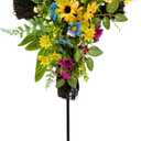 Svndlyn 32 Inch Solar Cross Stake Lighted Cemetery Stake with Sunflowers Daisies Colorful Wildflowers for Garden Cemetery Memorial