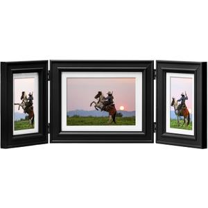 3 Picture Frame Trifold Hinged Pine Wood Photo Frame with Real Glass, Combo Display One 6x8 & Two 4x6 Photos Matted to 5x7/3x5, Free-Standing Desk Tabletop or Wall Decor, Black