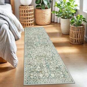 Vintage 2x7 Runner Rug, Sage Green Beige Washable Runners for hallways, Super Soft Kitchen Runner Rug Non Slip, Print Faux Wool Floral Thin Carpet Runner for Entryway Indoor Bedside Runner