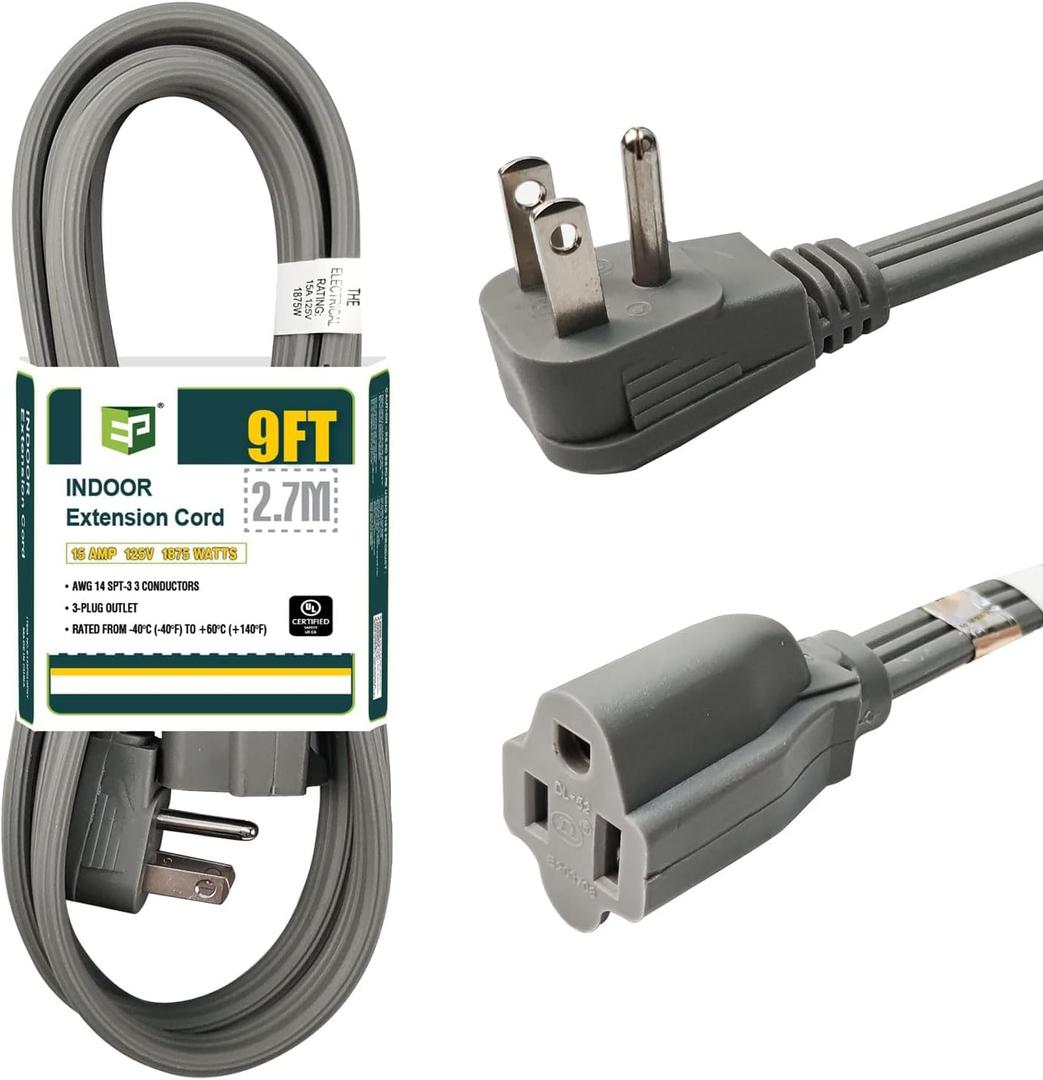 EP 9 Ft Heavy Duty Appliance Extension Cord - 14 Gauge 3 Prong Grounded Cable Wire, Ideal for Air Conditioners, Refrigerators, Microwaves, Washing Machines & More - Indoor Use, Gray (Grey)