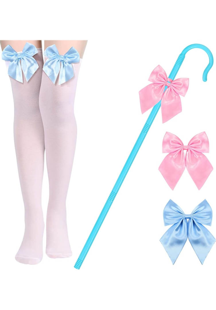 4 Pcs Shepherdess Costume Set Include Staff,Socks,Pink and Blue Bowties for Women Halloween Party Dress Up