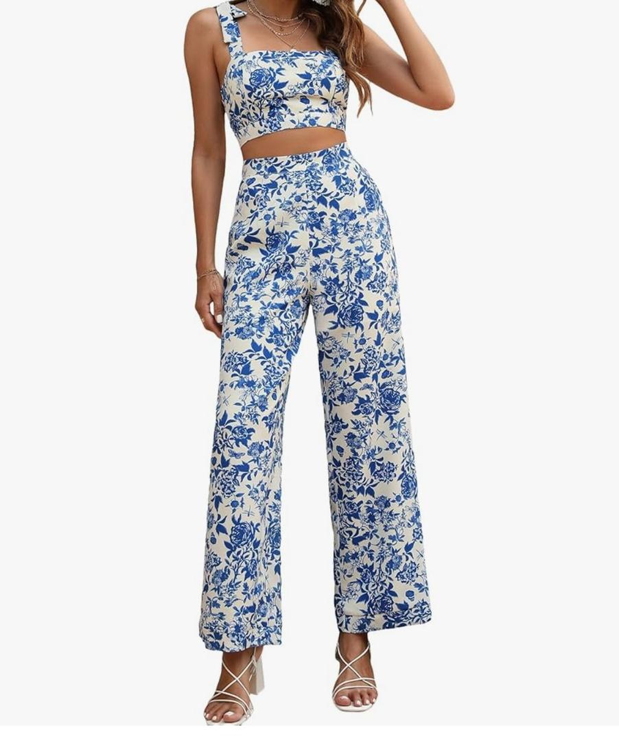 Floerns Women's 2 Piece Summer Outfit Floral Print Knot Shoulder Zip Back Crop Cami Top and Maxi Pants Set
 Size M