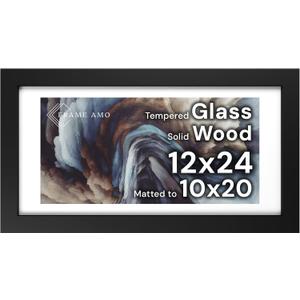 Frame Amo 12x24 Black Solid Wood Poster Frame, White Mat for 10x20 Image, Tempered Glass Front, 1.5 inch Wide, 1 inch Thick, High-End, Heavy-Duty, Gallery Grade & Acid-Free