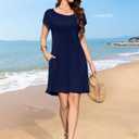 LARACE Plus Size Women Swimsuit Cover Up Cap Sleeve Summer Beach Coverups Loose Shirt Dress Swimwear Sundress with Pockets(NavyBlue L)