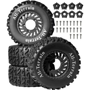 4PCS 1/10 RC Short Course Truck Tires, All-Terrain Rubber Tires and Nylon Wheels with 12mm/17mm Hex Compatible with 1/10 Traxxas Slash 4WD 2WD Arrma Senton Axial Losi Redcat (Black)