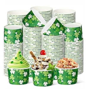 Maxdotw St. Patrick's Day Shamrock Ice Cream Paper Cups 9oz Spring Disposable Snack Cups Decorative Paper Dessert Bowls Party Supplies for Yogurt, Cupcakes, Soup Hot Cold Food