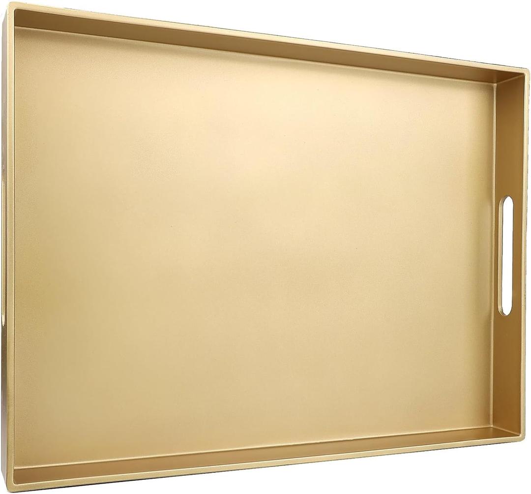 Gold Serving Tray for Coffee Table, Rectangular Plastic Decorative Tray with Handles for Entertaining, Outdoor Patio, Living Room, Ottoman, Bathroom Counter, 11.8*15.7*1.6