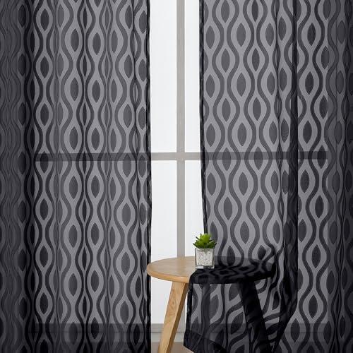 Aiyufeng Sheer Black Curtains 84 Inches Long 2 Panels, Solid Airy Light Filtering Clip Jacquard Window Treatments for Bedroom Living Room, Modern Wavy Line Rod Pocket Curtains, Total 80 inches Width 2 Packs, Black