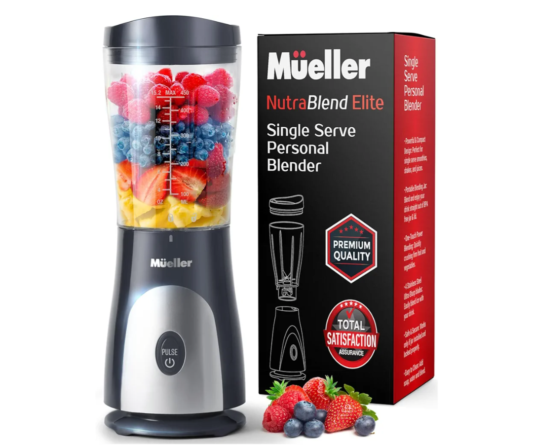 Mueller Personal Blender for Shakes and Smoothies with 15 Oz Travel Cup and Lid, Juices, Baby Food, Heavy-Duty Portable Blender & Food Processor, Grey