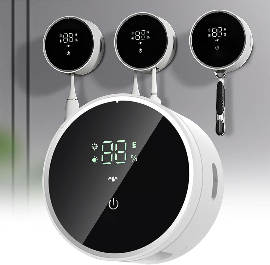 Toothbrush Holders Cleaner & Dryer for Bathroom - Mirror Wall Mounted [Rechargeable, Auto Sensor Open/Close Lid, LED Smart Screen] Adhesive Electric Tooth Brush Razor Holder with Cover for Home Travel