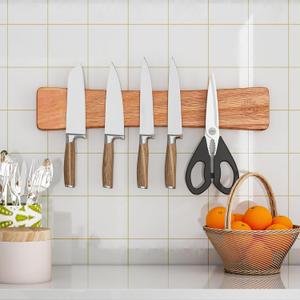 Magnetic Knife Strip, 16 Inch Oak Magnetic Knife Holder for Wall with N52 Strong Magnets, Premium Wooden Knife Magnetic Strip Organizer for Kitchen Knives, Tools,No Drilling