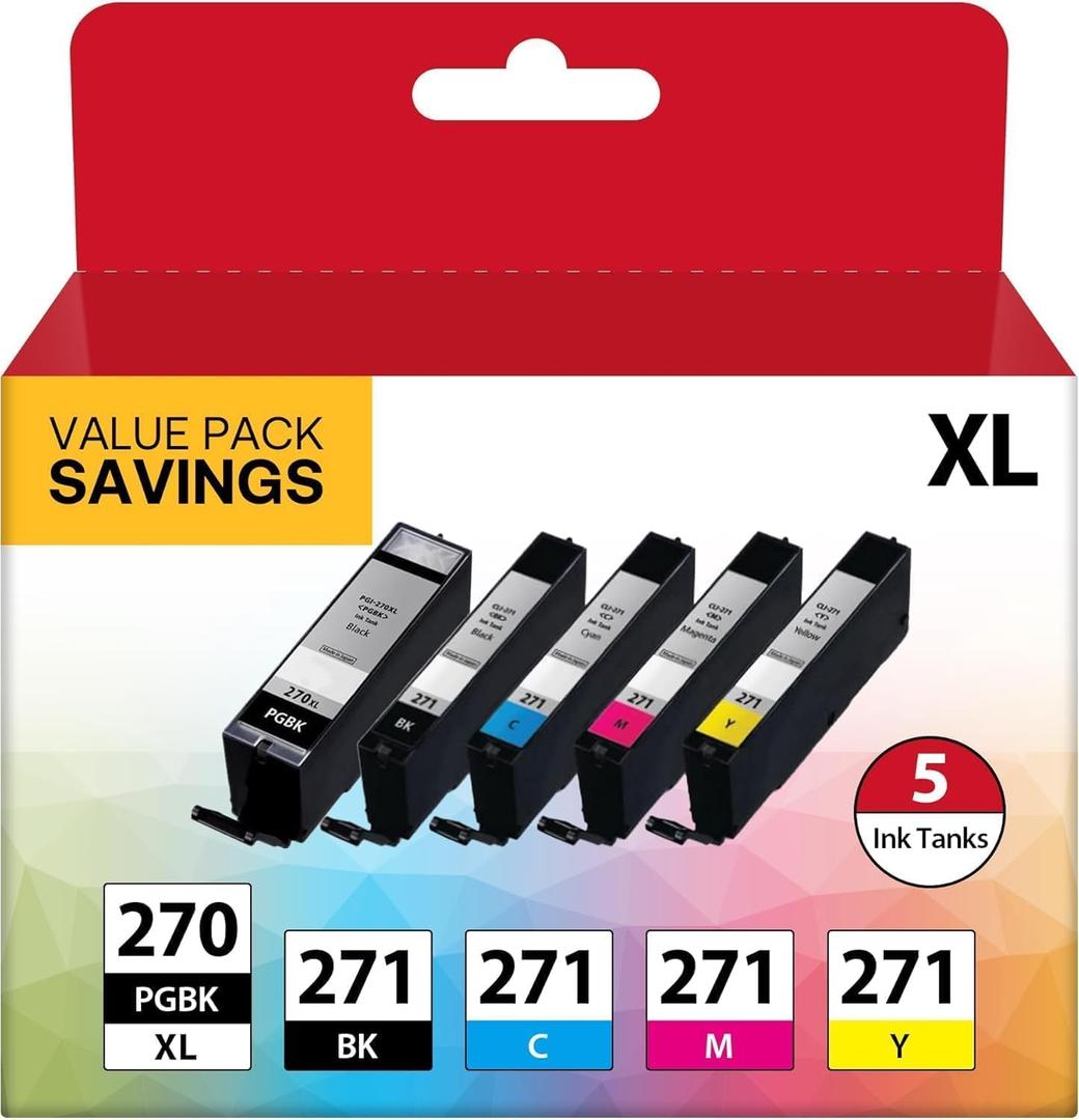 PGI-270XL CLI-271XL 5 Color Value Pack Replacement for Canon 270 271 XL Ink Cartridges to use with MG5720 MG5721 MG5722 MG6820 MG6821 MG6822 TS6020 (PGBK, Black, Cyan, Magenta, Yellow, 5Pack)
