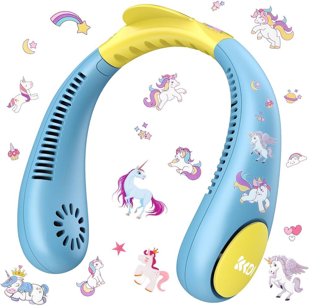 Kids Neck Fan, Portable Bladeless Neck Fan for Kids, 2600mAh Rechargeable Cooling Fan for 4-14Y Girls Boys with Unicorn Stickers, 4 Speeds & Lightweight Wearable Quiet Fan for Study/ Camping/ Travel