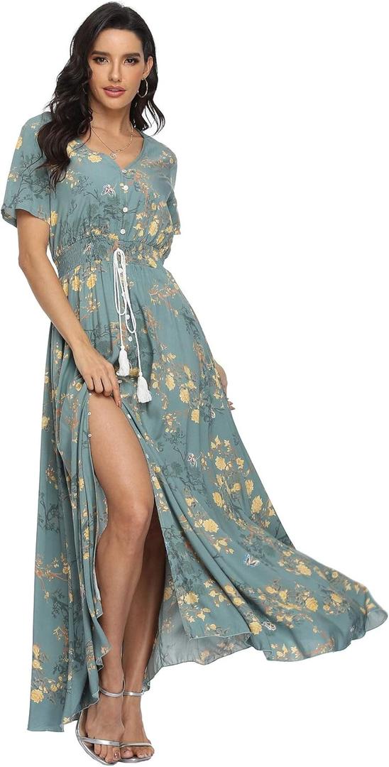 VintageClothing Women's Floral Maxi Dresses Boho Button Up Split Summer Casual Long Dress Beach Party Dress, Large