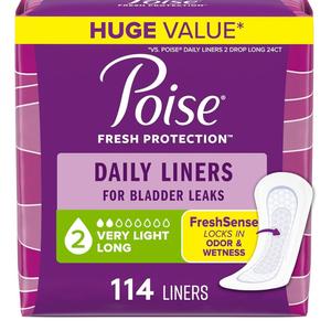 Poise Daily Liners, Incontinence Panty Liners for Bladder Leaks, 2 Drop Very Light Absorbency, Long Length, 114 Count of Pantiliners