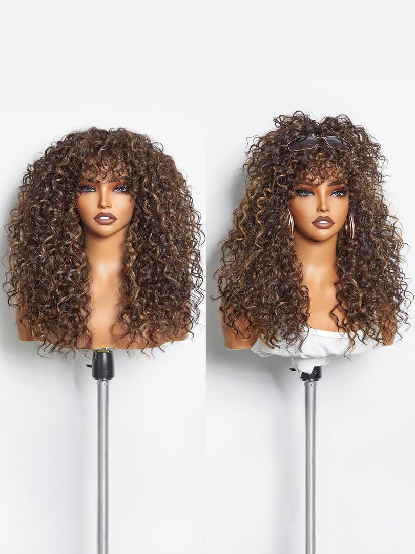 GORGIUS Veralux Blend Human Hair Highlight Brown Curly Wig with Bangs Glueless Synthetic Bang Wigs with Realistic Scalp Put On ang Go Beginner Friendly 20 Inch (#M427 Brown Highlights | Shaggy Curls)