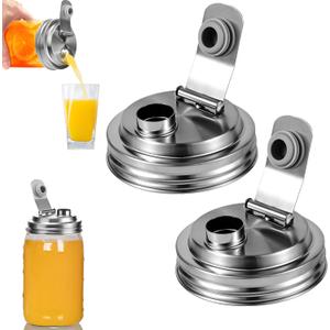 2 Pack Stainless Steel Wide Mouth Mason Jar Pour Spout Lid, Mason Jar Pitcher Flip Cap Lids, Airtight & Leak-proof Seal, Canning Lids for Wide Mouth Ball Mason Jar (silver lid)